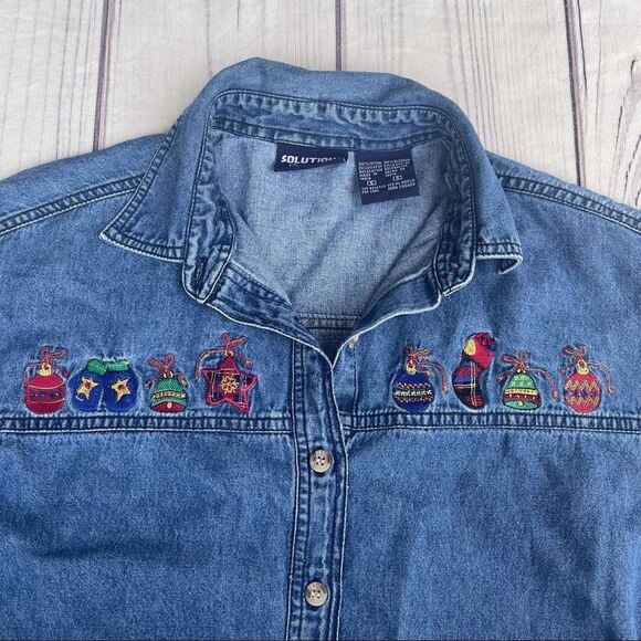 Solutions Denim Christmas Holiday Denim Button Up Shirt Embroidered Small Ugly - Picture 4 of 10